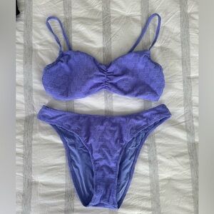 Hurley purple/blue bikini bralette with terry cloth flower/check pattern.